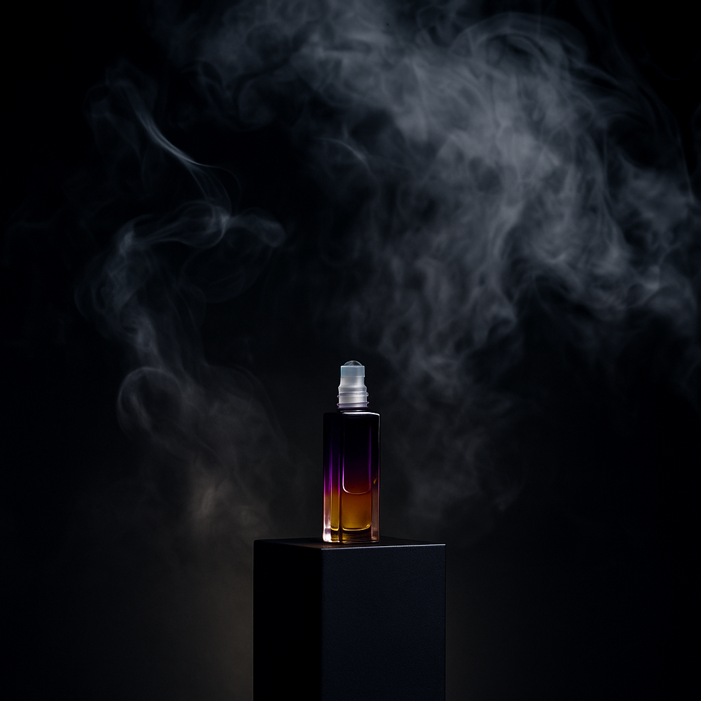 iiyna oud roller ball perfume bottle purple gradient on a black pedestal with smoke in the background