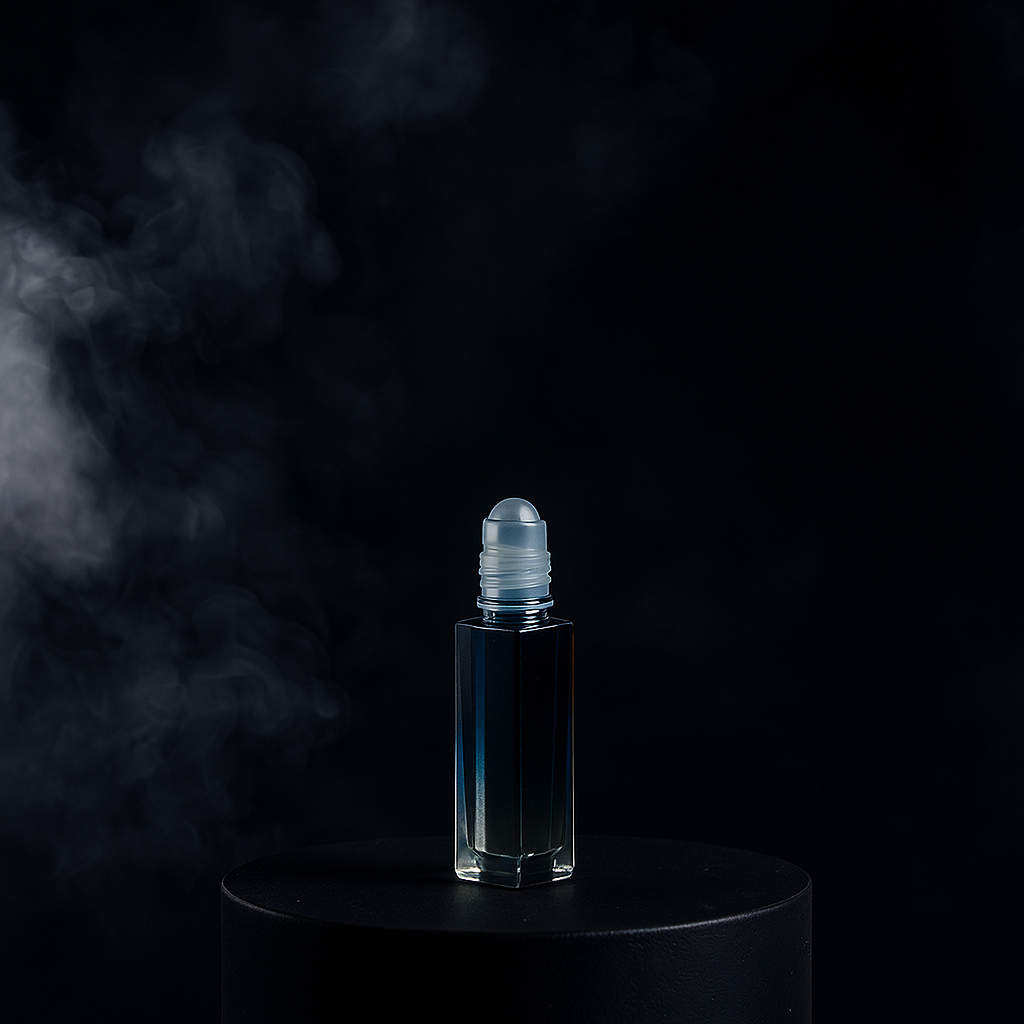 Roll-on bottle with smoke effect on a black background. Oud perfume bottle 