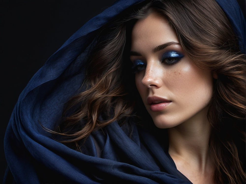 iiyna woman in blue scarf wearing oud perfume